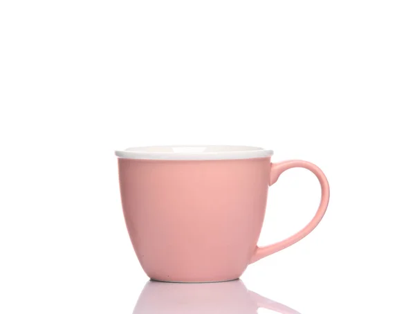 Розовая Керамическая Чашка Изолированы Белом Фоне Отражением — стоковое фото