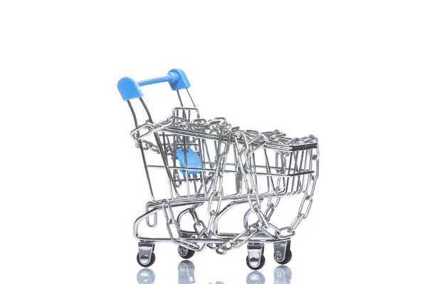 Mini Shopping Trolley Wrapped Steel Chain Isolated White Background Reflection — Stock Photo, Image
