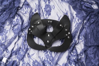 Beyaz arka planda izole edilmiş dantel gecelikli deri kedi maskesi. Romantik, aşk konsepti