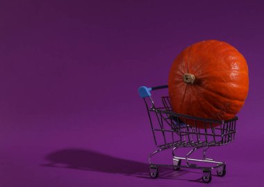 Mor arka planda balkabağı olan alışveriş arabası. Cadılar Bayramı indirimi