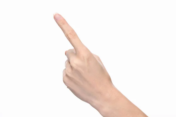 Жіноча Рука Показує Один Палець Ізольовано Білому Тлі — стокове фото