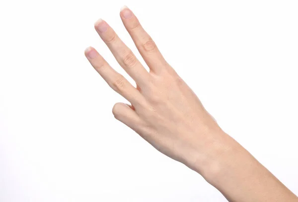 Mão Feminina Mostra Três Dedos Isolados Fundo Branco — Fotografia de Stock