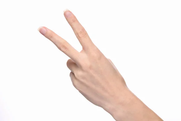 Γυναικείο Χέρι Δείχνει Δύο Δάχτυλα Που Απομονώνονται Λευκό Φόντο — Φωτογραφία Αρχείου