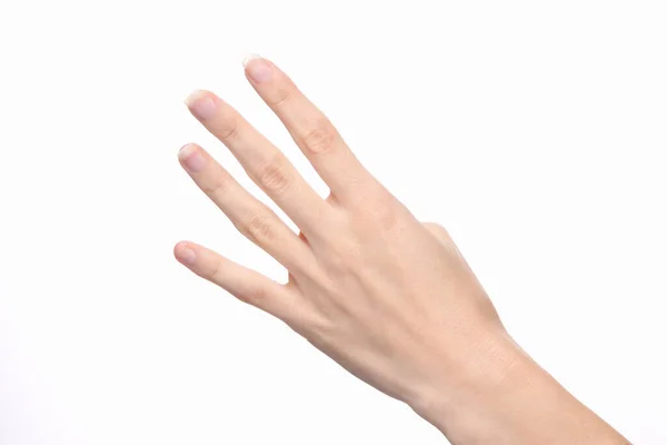 Γυναικείο Χέρι Δείχνει Τέσσερα Δάχτυλα Απομονωμένα Λευκό Φόντο — Φωτογραφία Αρχείου