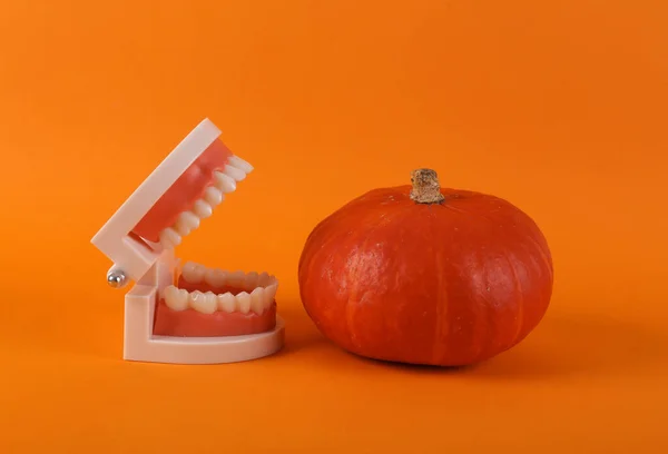 Minimal Halloween Still Life Human Jaw Pumpkin Orange Background — Stock Photo, Image
