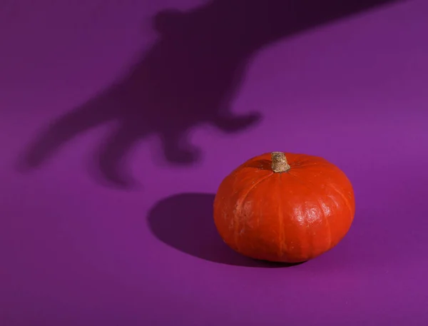 stock image Orange pumpkin with hand shadow on bright purple background. Minimal Halloween still life. creative layout