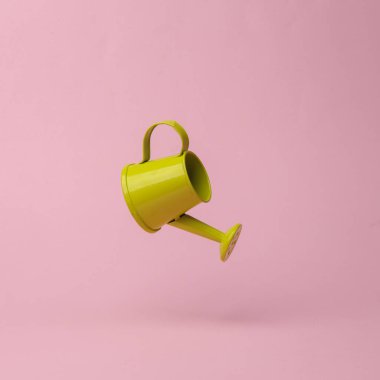 Watering can flying in antigravity on pink background with shadow. Levitation object in the air. Creative minimal layout