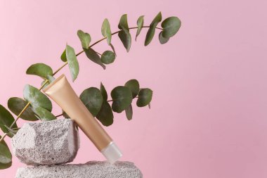 Tube of foundation on stone with eucalyptus branch. Natural cosmetics, beauty concept. Modern still life, product photo. Aesthetic minimalist composition.
