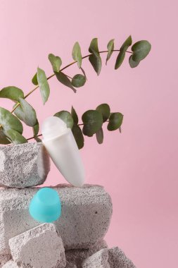 Antiperspirant stick on stone with eucalyptus branch. Natural cosmetics, beauty concept. Modern still life, product photo. Aesthetic minimalist composition.