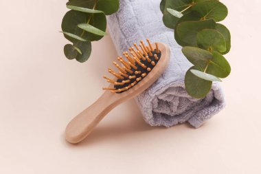 Güzellik salonu, güzellik konsepti. Okaliptüs dallarıyla ahşap saç fırçası ve bej arka planda havlu.