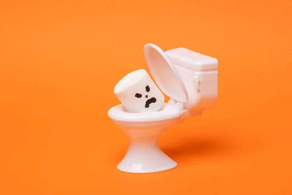 Minimal Halloween Still Life Toilet Miniature Halloween Marshmallows Orange Background — Stock Photo, Image