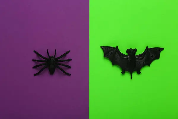 Halloween Decor Plastic Knuppel Met Spin Groene Paarse Achtergrond — Stockfoto