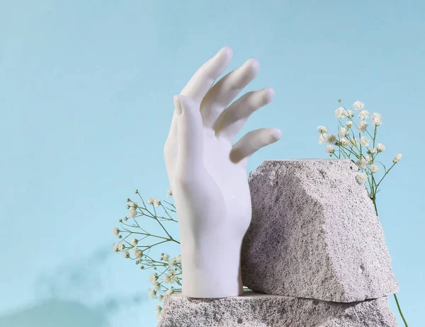 creative aesthetic scene of mannequin hand on stone
