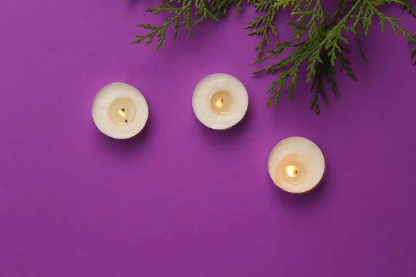 用紫色背景的冷杉枝条点燃芬芳的蜡烛 复制空间 顶部视图 — 图库照片