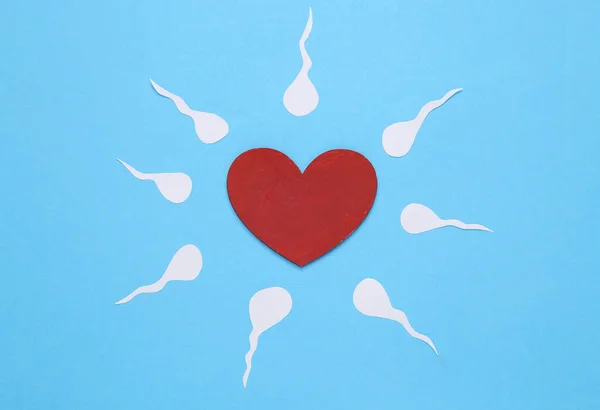 Láska Reprodukční Koncept Semena Samců Spermie Srdcem Modré Pozadí — Stock fotografie