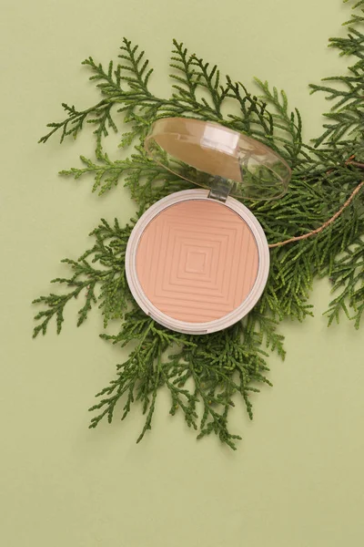 Powder box with fir sprig on a green background. Natural cosmetics concept. Top view