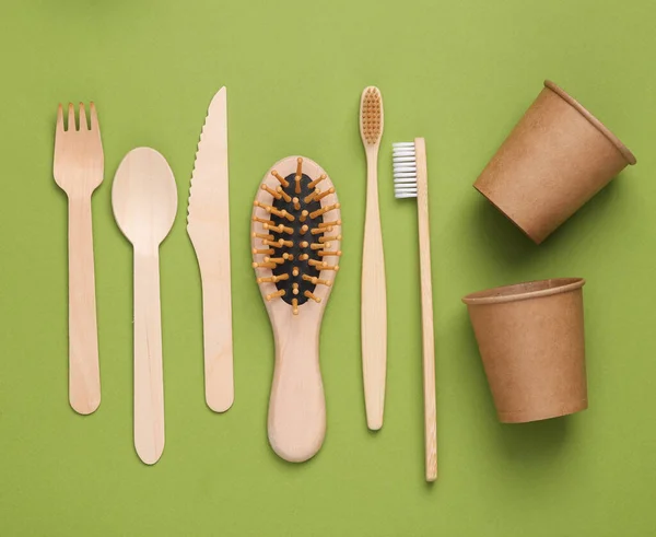 Zero waste simple creative concept. Trendy wooden eco things. Top view, Flat lay
