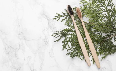 Eco toothbrush with- sprigs of fir on a marble background. Natural composition. Dental care. Top view