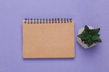Eco craft notepad with decorative plant on purple background