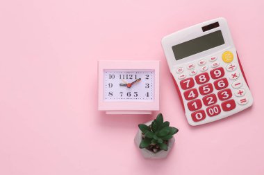 Business concept. Flat lay composition of calculator with  clock and decorative plant on pink background