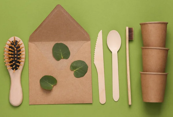 Zero waste simple creative concept. Trendy wooden eco things. Top view, Flat lay