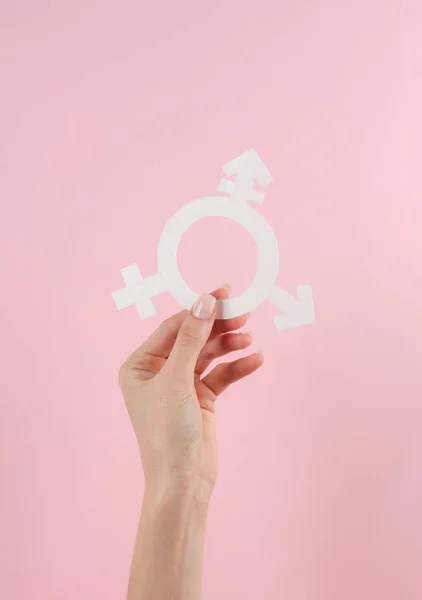 Трансгендерный Символ Женской Руке Розовом Фоне — стоковое фото
