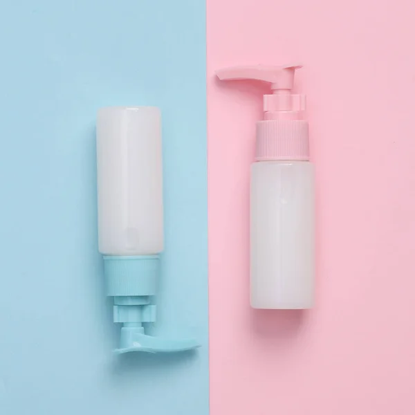 Botellas Crema Jabón Líquido Con Dispensador Sobre Fondo Pastel Color —  Fotos de Stock