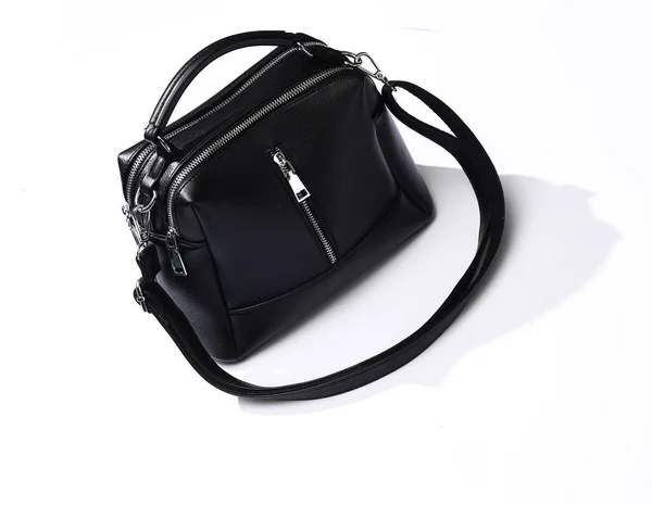 Black Leather Women Bag Isolated White Background — Stock Photo, Image