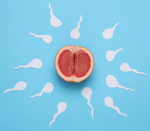 Fertility Planning Fertilization Concept Conception Lot Sperm Tend Ripe Grapefruit — Stockfoto