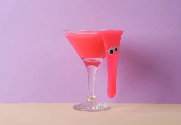 Creative Layout Cocktail Glass Neon Slime Eyes Two Tone Pastel — Stock Photo, Image