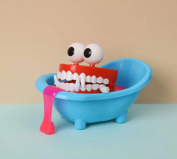 Creative Halloween Still Life Toy Bathroom Sink Monster Jaw Neon — Stock Photo, Image