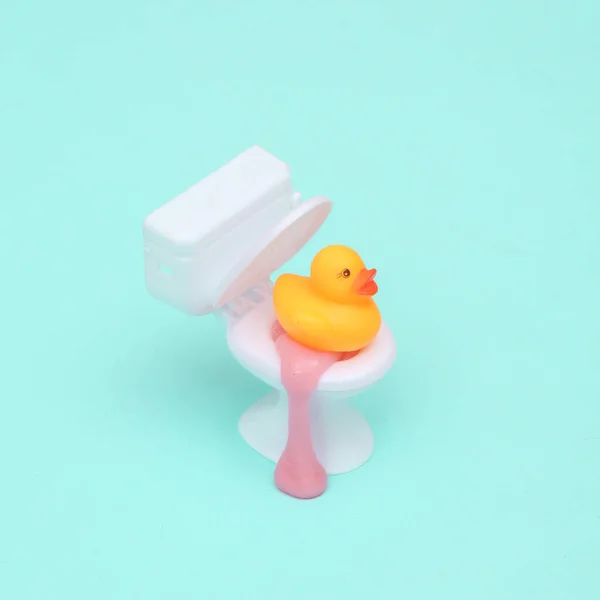 Creative Layout Toilet Slime Rubber Duck Pastel Bue Background Visual — Stock Photo, Image