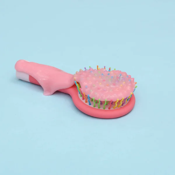 Creative Beauty Layout Plastic Hair Brush Pink Slime Blue Pastel — Stock Photo, Image