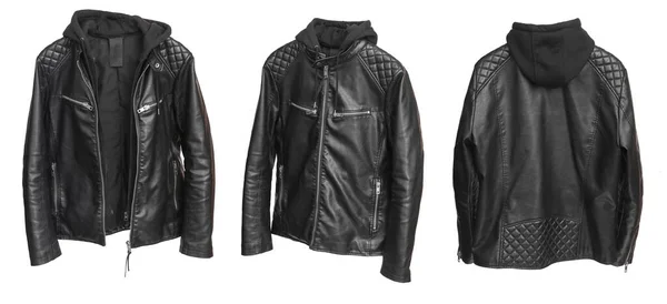 Leather Biker Jacket Hood White Background Three Views Different Sides — Stock Photo, Image