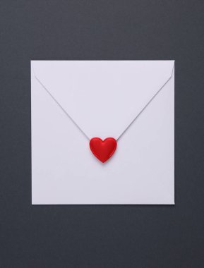 Gri arka planda kalbi olan beyaz bir zarf. Aşk, romantizm, Sevgililer Günü, 14 Şubat konsepti