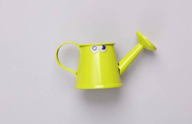 Gri arka planda gözleri olan oyuncak sulama kutusu