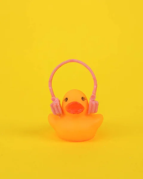 stock image Rubber duck with headphones on a yellow background. Music concept