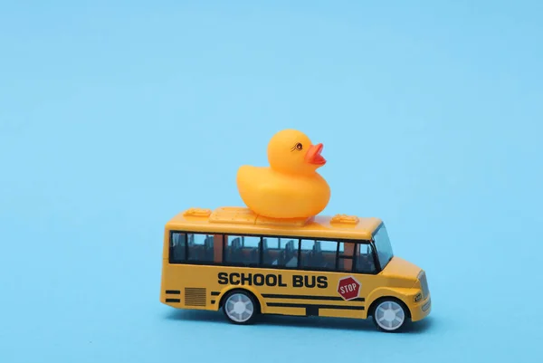 Vissza Suliba Gumikacsa Egy Iskolabuszon Kék Háttér — Stock Fotó