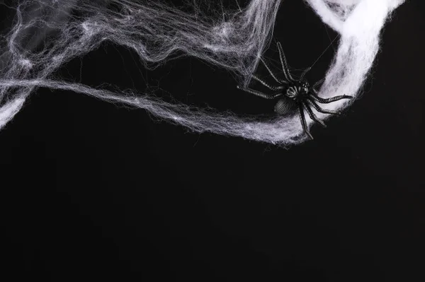 Pajęcza Pajęczyna Ozdobnym Pająkiem Odizolowana Czarnym Tle Tło Halloween — Zdjęcie stockowe