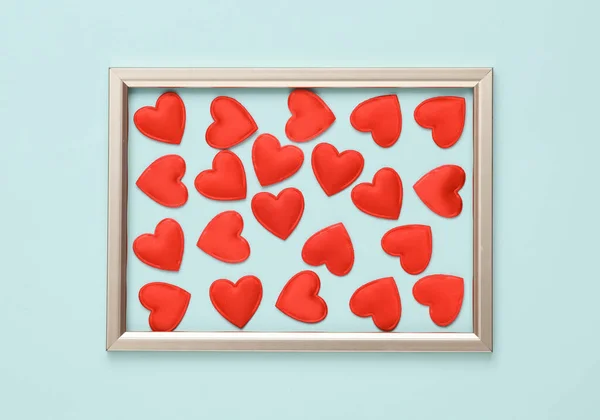 Rahmen Mit Herzen Auf Blauem Hintergrund Romantisches Liebevolles Konzept — Stockfoto