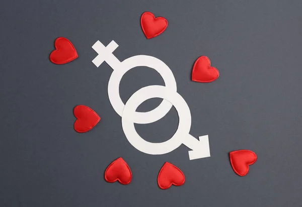Male Female Gender Symbol Hearts Gray Background Love Concept — Stock Photo, Image