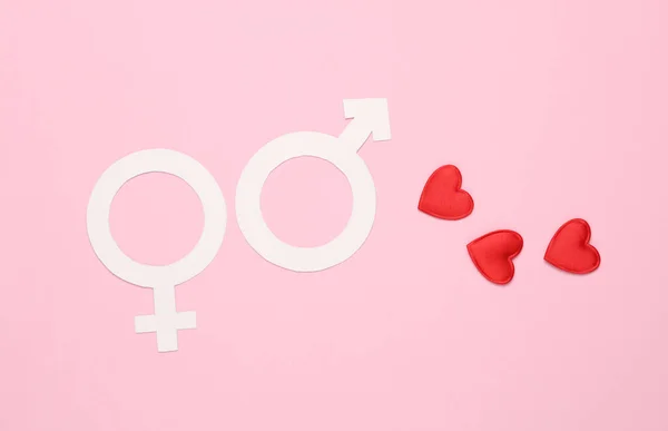 Ανδρικό Και Θηλυκό Σύμβολο Φύλου Καρδιές Ροζ Φόντο Έννοια Αγάπης — Φωτογραφία Αρχείου