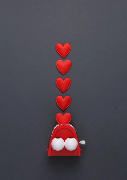 Clockwork Joke Jaw Hearts Gray Background Top View Love Romantic — Stock Photo, Image