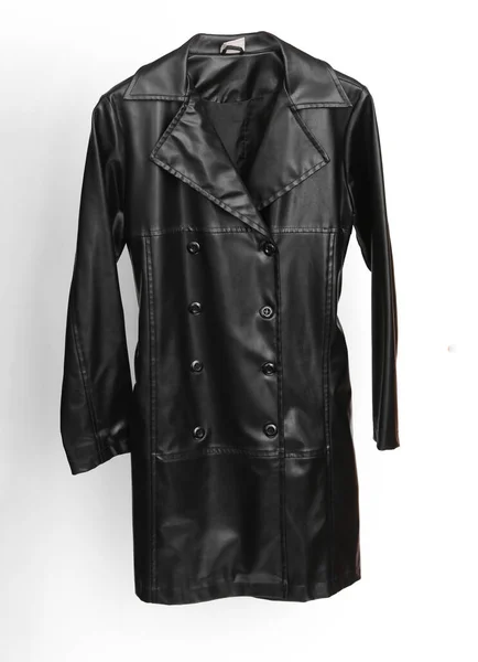 Leather Black Raincoat Isolated White Background — Stock Photo, Image