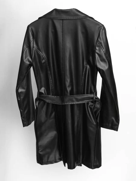Leather Black Raincoat Isolated White Background Back View — Stock Photo, Image