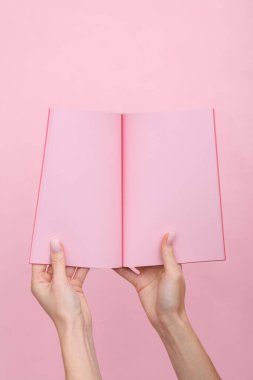 Kadın eli, pembe renkli arka planda pembe kağıtlı bir not defteri tutuyor..