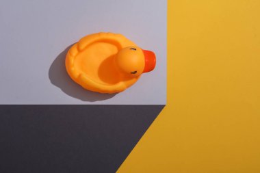 Kağıt küpte plastik ördek. Optik yanılsama. Geometrik bileşim. Asgari yaratıcı yerleşim