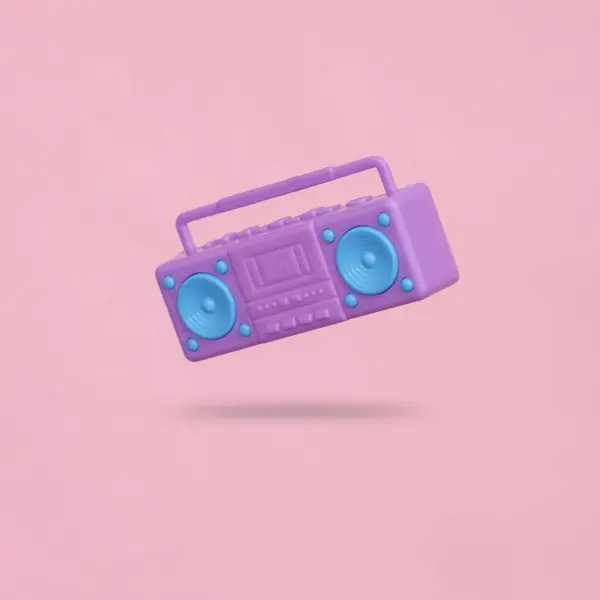 Toy boombox tape recorder flying on a pink background with a shadow on a pink background. Minimalism music concept