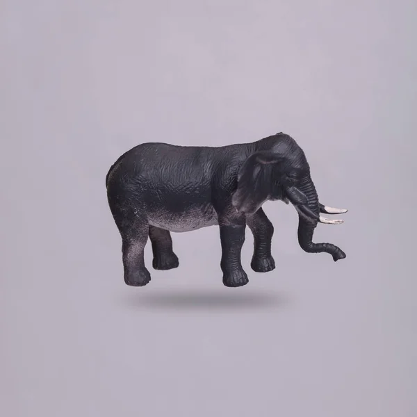 Miniatura Elefante Plastica Levitante Sfondo Grigio Con Ombra — Foto Stock