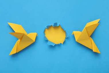 Ukrayna 'da barış. Sarı güvercinler mavi arka planda yırtık delikle